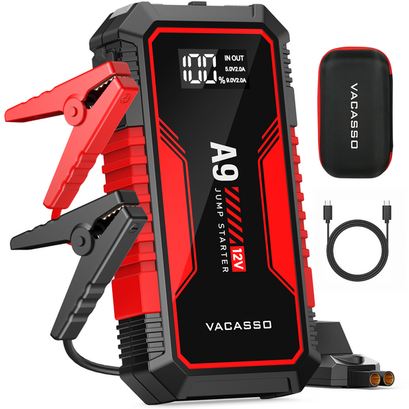 Jump Starter 4000A, VACASSO A9 Battery Jumper Starter Portable (7L Gas/4L Diesel), 12V Car Battery Booster Jump Starters Pack, Jumpstart with USB Ports, Jumper Cables, LED Light, Storage Case