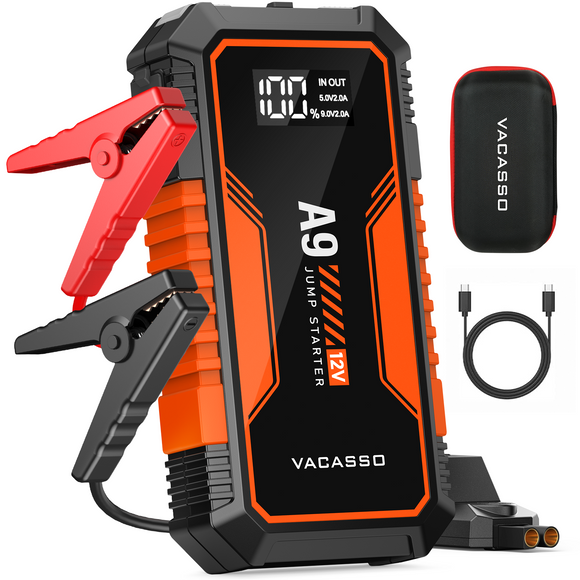 Jump Starter 4000A, VACASSO A9 Battery Jumper Starter Portable (7L Gas/4L Diesel), 12V Car Battery Booster Jump Starters Pack, Jumpstart with USB Ports, Jumper Cables, LED Light, Storage Case